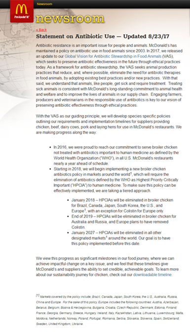 资料图:麦当劳官网发布逐步停用抗生素的声明
