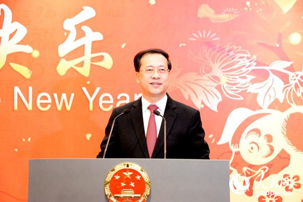 中国常驻联合国代表马朝旭大使在新春招待会上致辞。殷淼摄。