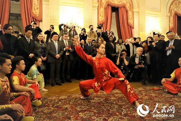 法国国民议会举办猪年春节招待会,图为武术表演。李永群摄