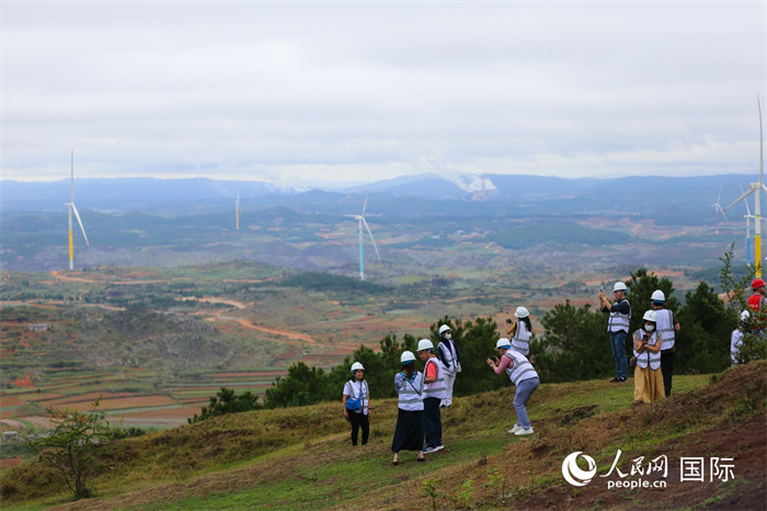 澜湄记者团在富源西风电基地拍照“打卡”。(人民网 李发兴摄)