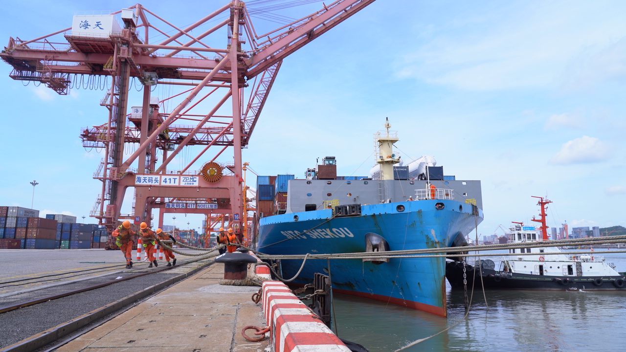 7月22日上午,“丝路海运”电商快线“海丰蛇口”轮停靠厦门海天码头12号泊位装卸集装箱货物。人民网记者 兰志飞摄