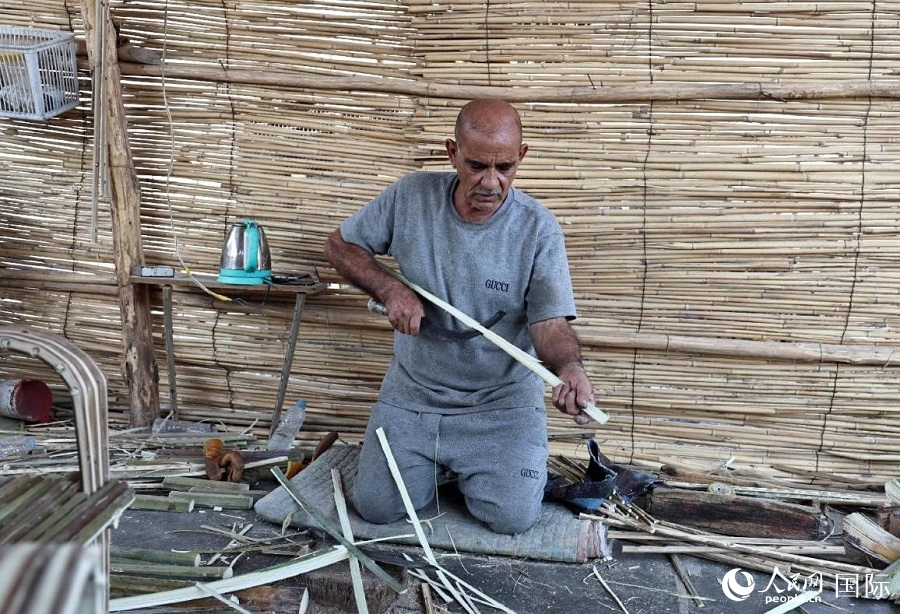 阿布·阿巴斯在切削棕榈茎。人民网 伊纳斯·易卜拉欣摄