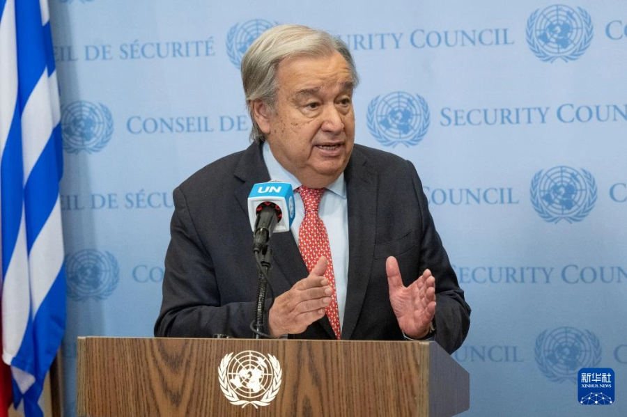 6月27日，在位于纽约的联合国总部，联合国秘书长古特雷斯举行记者见面会。新华社发（联合国供图/埃瑟金德尔·德贝贝摄）