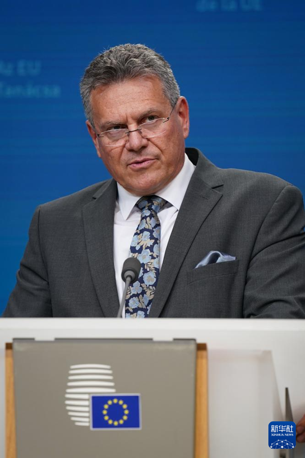 7月14日，在比利时布鲁塞尔，欧盟委员会负责贸易和经济安全等事务的委员谢夫乔维奇出席新闻发布会。新华社记者 彭子洋 摄