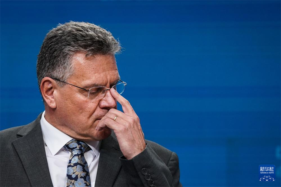 7月14日，在比利时布鲁塞尔，欧盟委员会负责贸易和经济安全等事务的委员谢夫乔维奇出席新闻发布会。新华社记者 彭子洋 摄