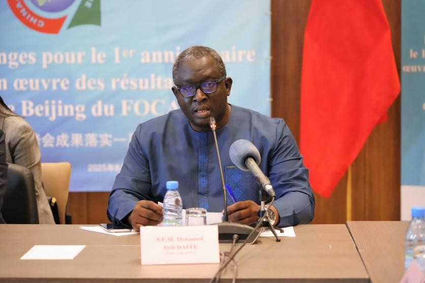 图为塞执政党爱国党总书记、国民议会爱国党党团主席达菲致辞。中国驻塞内加尔大使馆供图