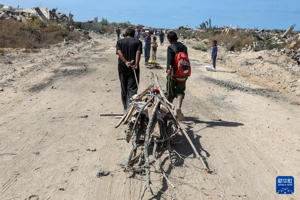 10月11日，加沙地带南部的巴勒斯坦人经由以军指定通道萨拉赫丁公路返回北方。新华社发（里泽克·阿卜杜勒贾瓦德 摄）