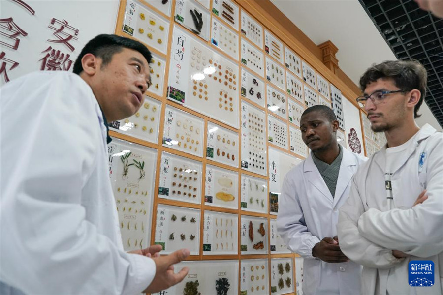 10月16日，来自阿尔及利亚的药学专业大二学生常健安（右）和来自津巴布韦的吴春（中）在老师潘银星的带领下认识中药材及其功效。新华社记者 杜宇 摄