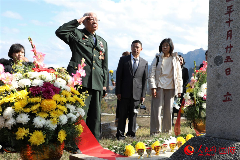 抗美援朝老战士曹家麟向烈士墓敬军礼,表达对志愿军烈士的崇高敬意。 人民网记者 刘融摄