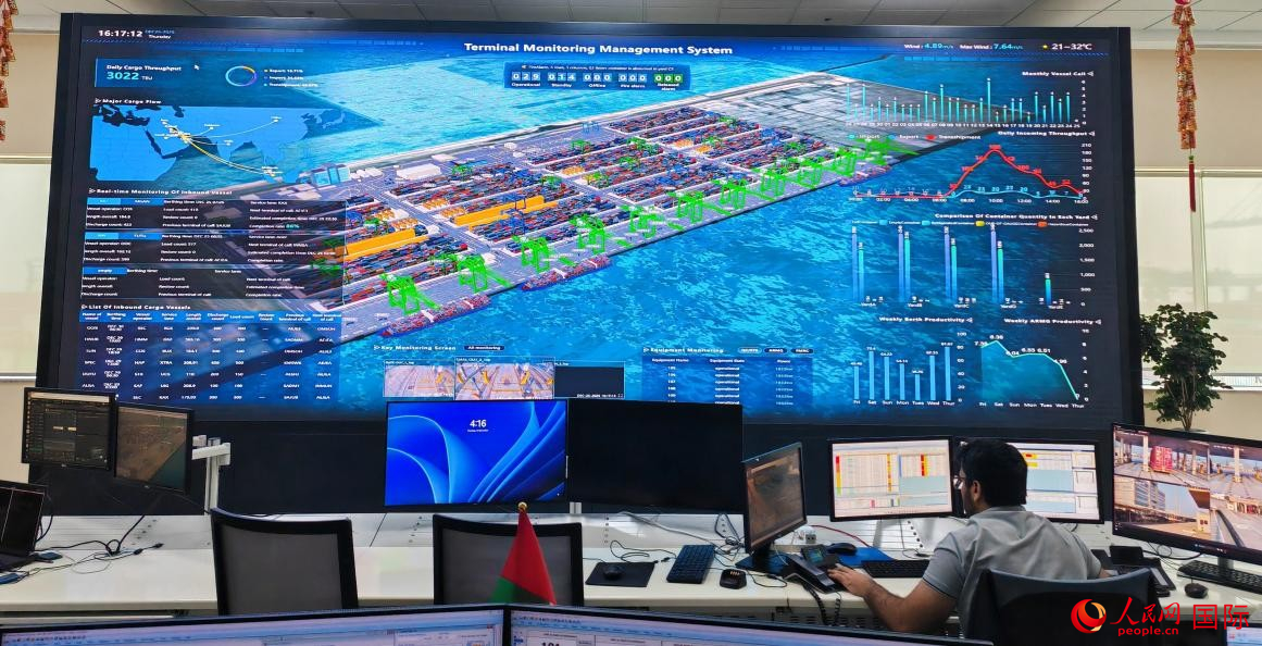在中远海运港口阿布扎比码头中央控制室内，员工通过数字孪生系统实时了解码头运营。人民网记者 管克江摄