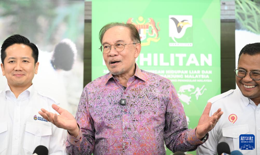 1月10日，马来西亚总理安瓦尔（中）在吉隆坡附近的马来西亚国家动物园出席相关活动并讲话。