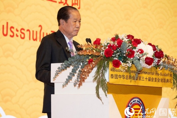 泰国中华总商会永远荣誉主席刘锦庭致辞。实习生奚之淼摄