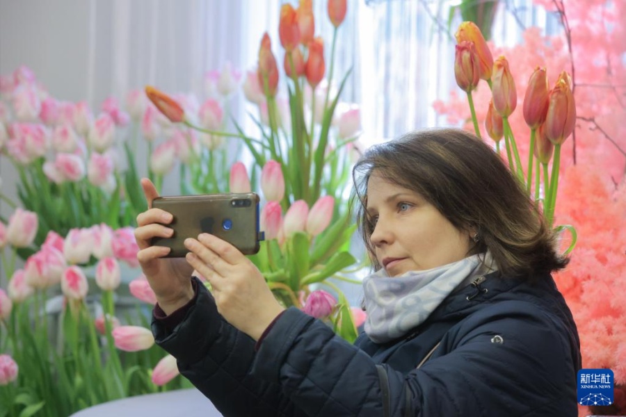 3月6日，人们在俄罗斯圣彼得堡市的彼得大帝植物园参观鲜花展。新华社发（莫京娜摄）