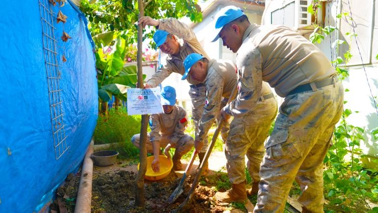 维和官兵正在栽种中巴友谊树苗。赵鑫摄