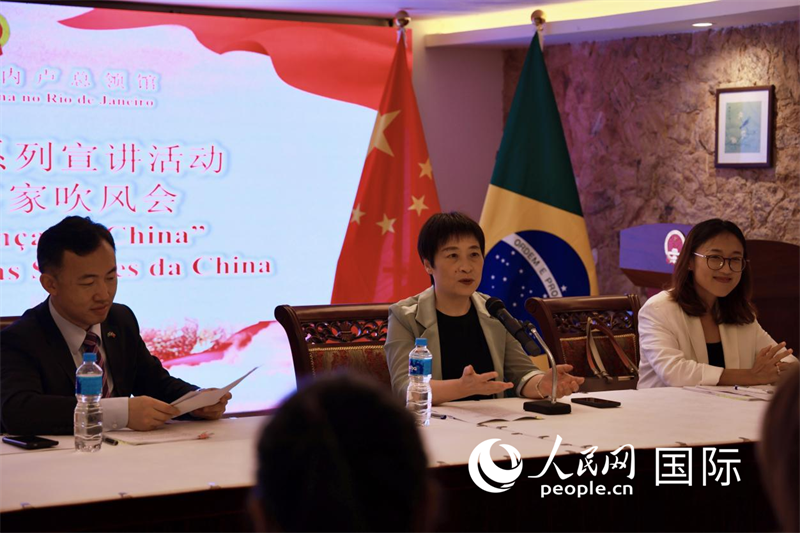 中国驻里约热内卢总领事田敏宣介全国两会重要意义和主要成果。人民网记者宋亦然摄