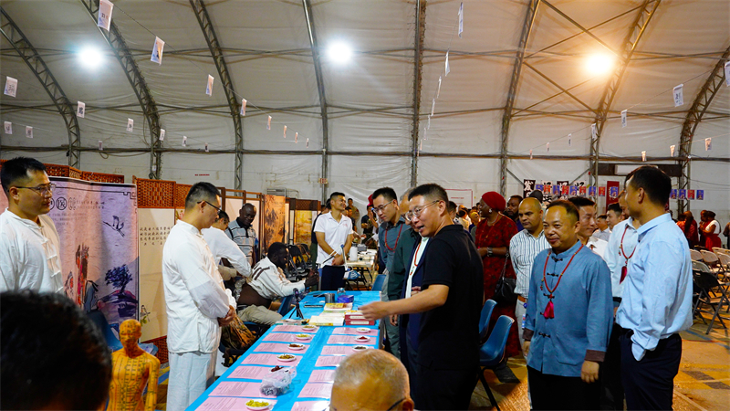 中文日晚会现场中医展台受各国官兵欢迎。黄浩摄
