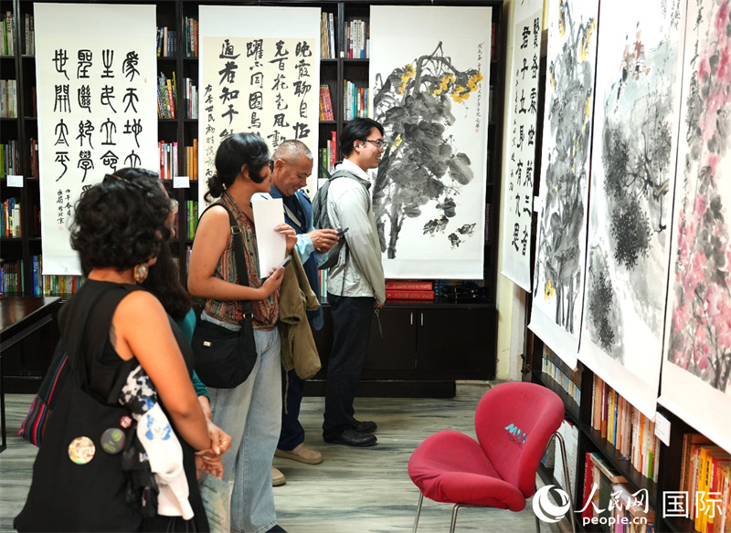 中尼观众欣赏参展作品。人民网记者 李墨摄