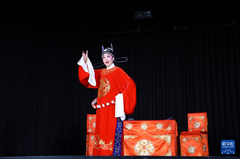 10月17日,在德国法兰克福,中国黄梅戏表演艺术家韩再芬表演黄梅戏《女驸马》。10月17日晚,黄梅戏经典剧目《女驸马》在德国法兰克福恩克海姆市民文化中心上演,东方戏韵赢得观众阵阵喝彩。本场演出是2026“中国戏演出季”暨中国戏国际展演的一部分。新华社记者 刘向 摄