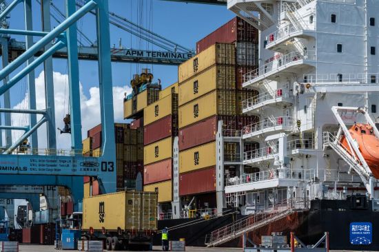 5月8日，在巴西塞阿拉州佩森港的集装箱码头，一艘集装箱货轮进行装卸作业。新华社记者 王天聪 摄