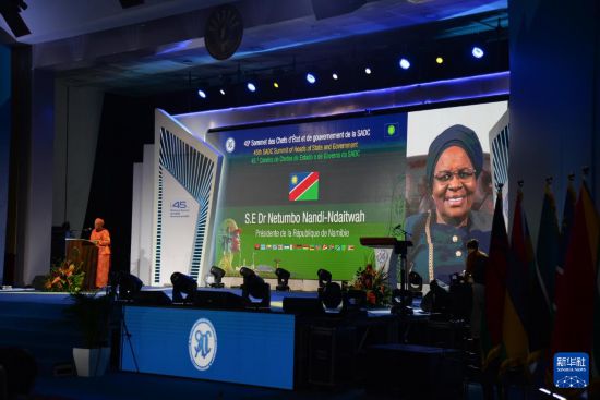 8月17日,在马达加斯加首都塔那那利佛,纳米比亚总统恩代特瓦在会议现场致辞。新华社发(西塔卡·拉乔纳里松摄)