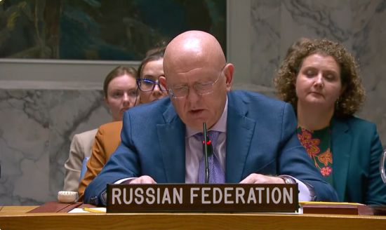   俄罗斯常驻联合国代表涅边贾在安理会审议波兰领空无人机事件时发言的视频截图。