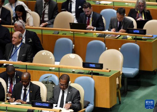 9月22日,在位于纽约的联合国总部举行的和平解决巴勒斯坦问题和落实“两国方案”高级别国际会议上,以色列代表缺席。新华社记者 李睿 摄