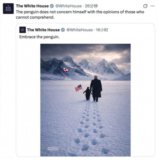 白宫24日在社交媒体平台X上发布一张人工智能合成图片，显示总统特朗普与一只举着美国国旗的企鹅在雪地上漫步。