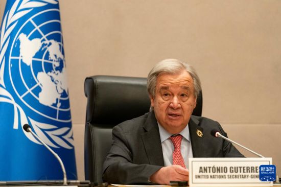 2月14日,在位于埃塞俄比亚首都亚的斯亚贝巴的非盟总部,联合国秘书长古特雷斯出席新闻发布会。新华社记者 谢剑飞 摄