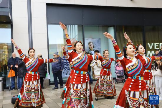 2月21日,在德国哈瑙市,中国西藏自治区那曲市艺术团歌舞演员进行表演。新华社记者 刘向 摄