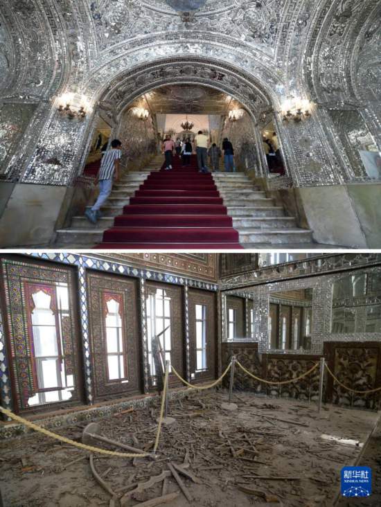  拼版照片：上图为2023年8月27日在伊朗首都德黑兰拍摄的古莱斯坦宫（新华社记者沙达提摄），下图为2026年3月3日在德黑兰拍摄的在空袭中受损的古莱斯坦宫（新华社发）。古莱斯坦宫又称“玫瑰宫”，是伊朗重要的王宫建筑群之一，2013年被联合国教科文组织列入世界遗产名录。自今年2月28日美以伊冲突爆发以来，古莱斯坦宫遭到直接打击并受到严重结构性破坏。新华社发