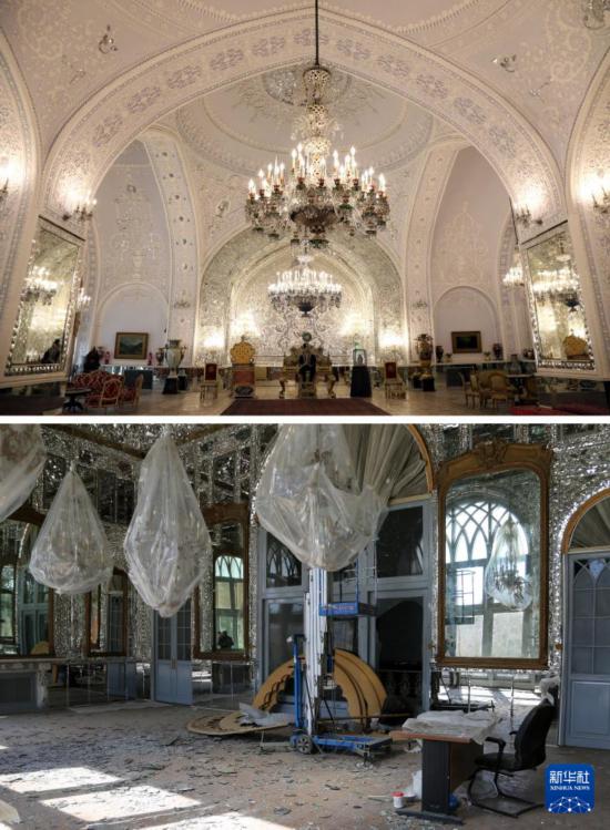 拼版照片：上图为2022年12月12日在伊朗首都德黑兰拍摄的古莱斯坦宫（新华社记者沙达提摄），下图为2026年3月3日在德黑兰拍摄的在空袭中受损的古莱斯坦宫（新华社发）。古莱斯坦宫又称“玫瑰宫”，是伊朗重要的王宫建筑群之一，2013年被联合国教科文组织列入世界遗产名录。自今年2月28日美以伊冲突爆发以来，古莱斯坦宫遭到直接打击并受到严重结构性破坏。新华社发