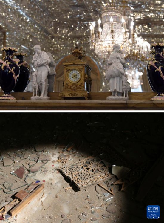  拼版照片：上图为2023年8月27日在伊朗首都德黑兰拍摄的古莱斯坦宫（新华社记者沙达提摄），下图为2026年3月3日在德黑兰拍摄的在空袭中受损的古莱斯坦宫（新华社发）。古莱斯坦宫又称“玫瑰宫”，是伊朗重要的王宫建筑群之一，2013年被联合国教科文组织列入世界遗产名录。自今年2月28日美以伊冲突爆发以来，古莱斯坦宫遭到直接打击并受到严重结构性破坏。新华社发