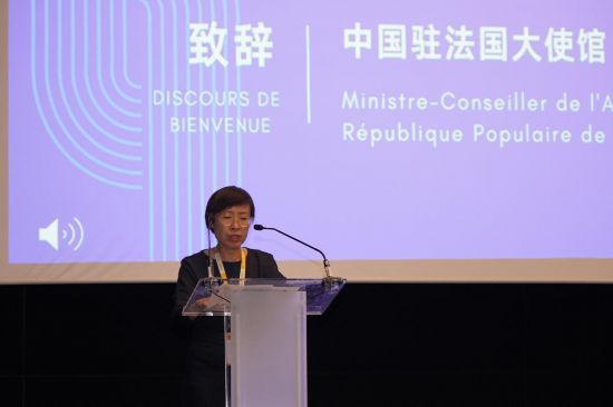 图为中国驻法国大使馆公使衔参赞史少静在第六届中欧(法国)跨境电商论坛致辞。