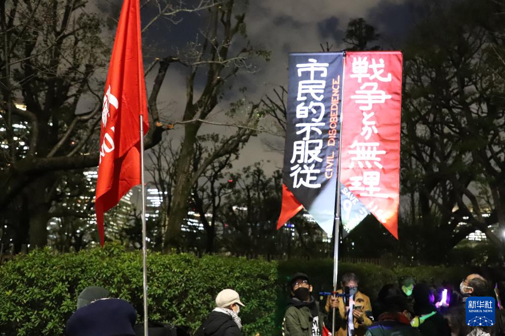 3月10日，在位于东京的日本国会门前，民众手持标语参加抗议活动。新华社记者 李子越 摄