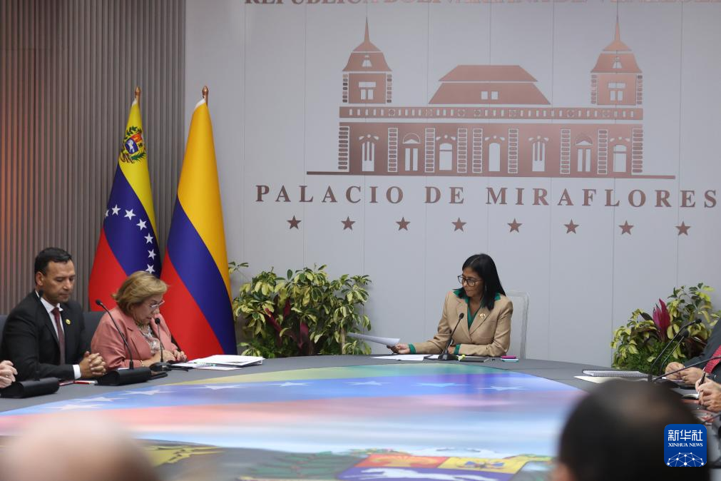 3月13日，委内瑞拉代总统德尔西·罗德里格斯（右）在位于加拉加斯的总统府与哥伦比亚外长罗莎·比利亚维森西奥（中）以及哥伦比亚国防部长佩德罗·桑切斯（左）举行会晤。新华社发